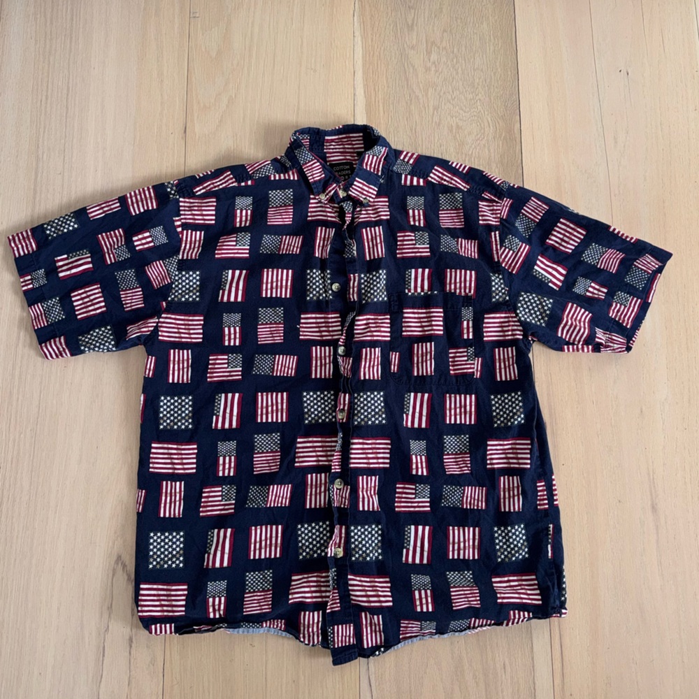 Cotton Traders Sport American Flag Short Sleeve Button Down Shirt USA Size Large
